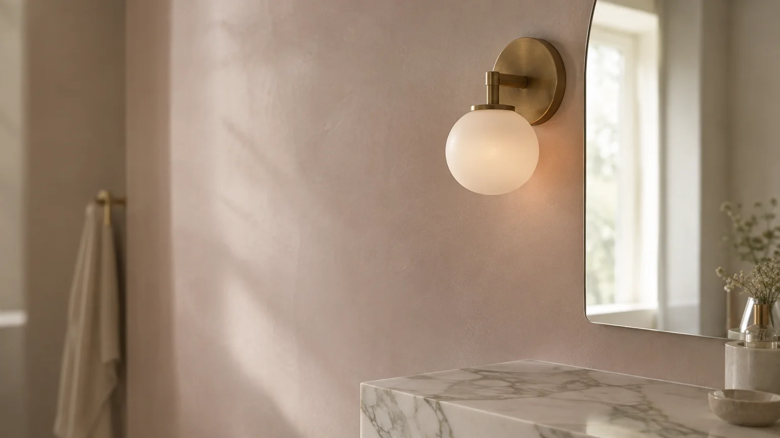 Globe sconce on a textured blush plaster wall beside a marble vanity countertop and mirror.