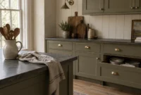 Olive green kitchen cabinets with brass hardware, dark stone countertops, and an open drawer holding ceramic dishes.