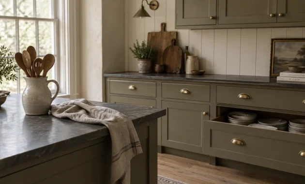 Olive green kitchen cabinets with brass hardware, dark stone countertops, and an open drawer holding ceramic dishes.