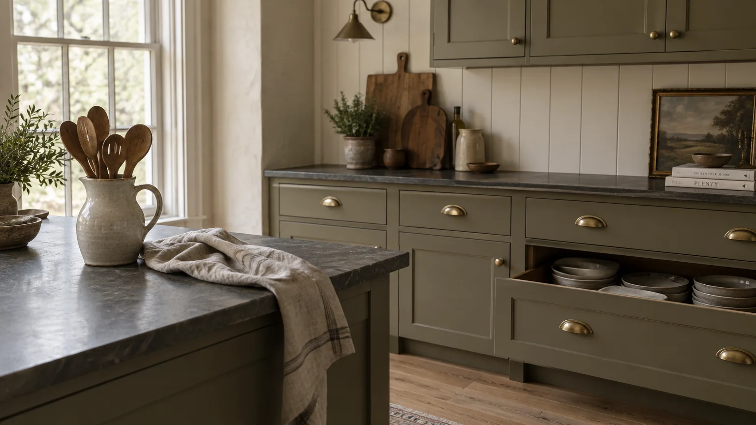 Olive green kitchen cabinets with brass hardware, dark stone countertops, and an open drawer holding ceramic dishes.