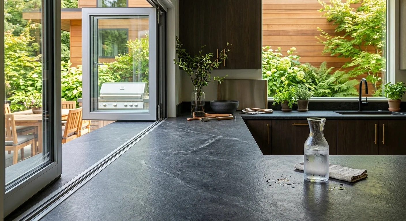 Dark textured stone countertop extending through an open pass-through window to an outdoor patio with a grill.