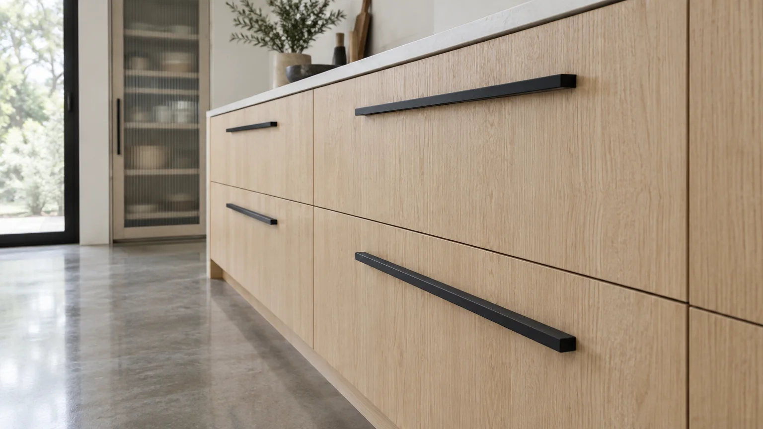 Long matte black bar pulls mounted horizontally on light natural wood kitchen island drawers above concrete flooring.