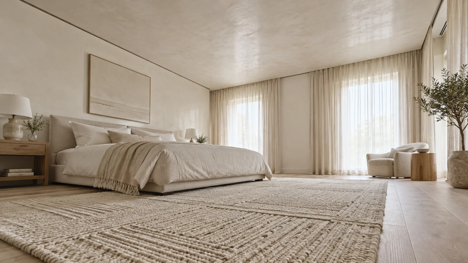 Minimalist bedroom with a beige textured area rug, low upholstered bed, sheer curtains, and smooth plaster ceiling.