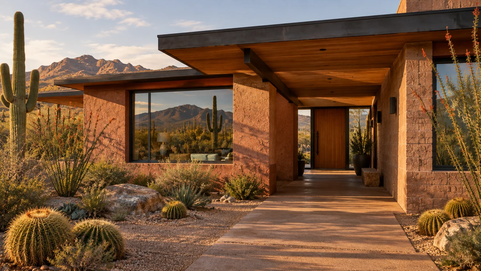 Modern desert ranch home with terracotta stucco walls, flat roof, and a cactus garden in front of mountains.