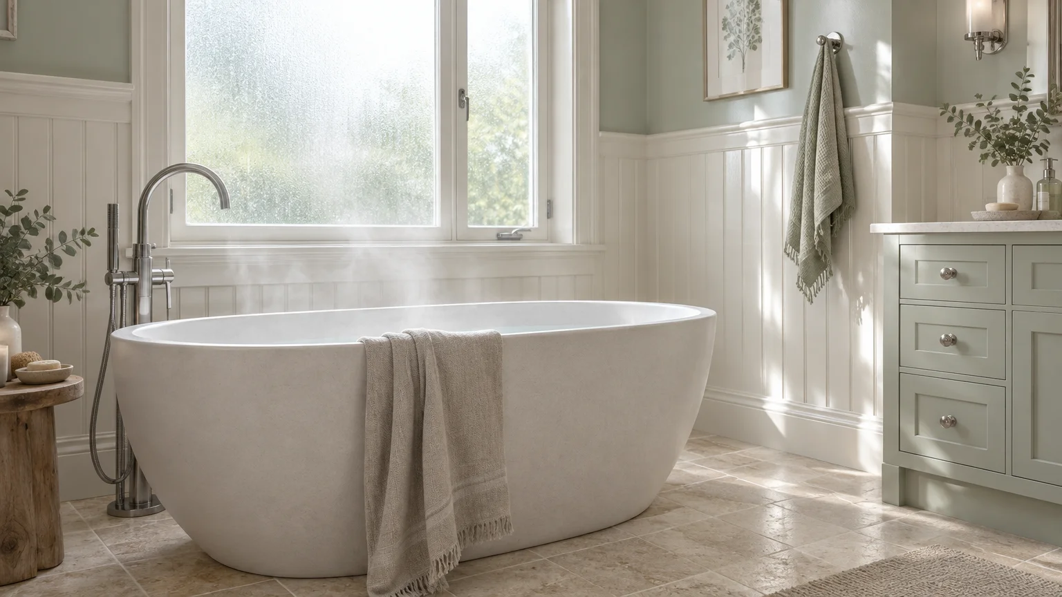 Steaming freestanding bathtub under a window beside white beadboard wainscoting and a pale green vanity.