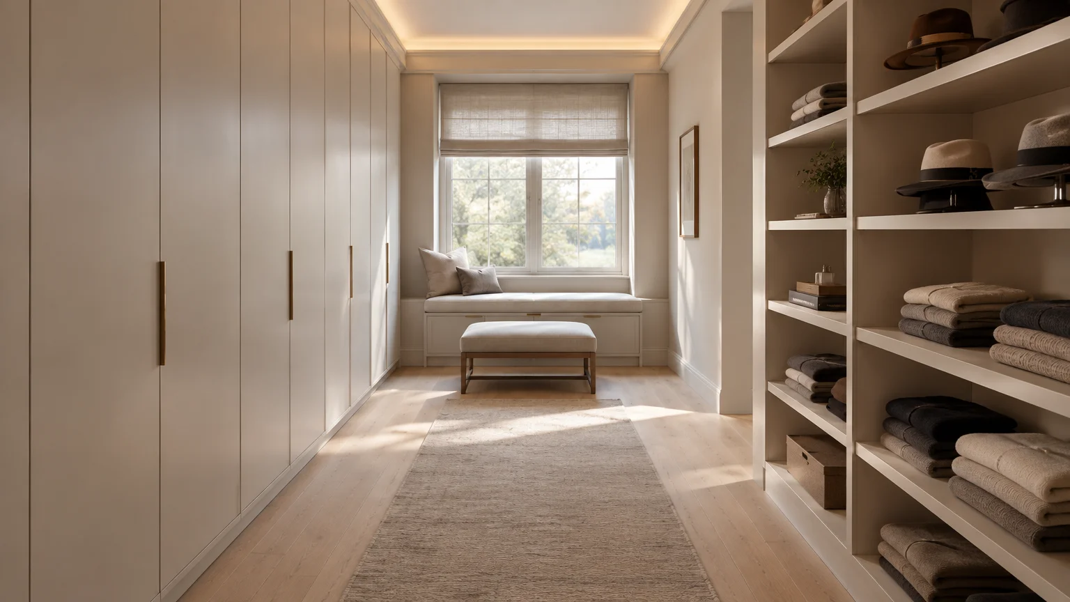 A walk-in dressing room featuring sleek built-in wardrobes, open shelving with folded clothes, a runner, and a window seat.