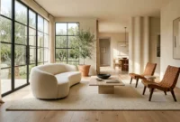 Bright living room with a curved bouclé sofa, low coffee table, woven chairs, and large black-framed windows.