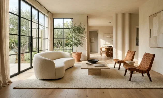 Bright living room with a curved bouclé sofa, low coffee table, woven chairs, and large black-framed windows.