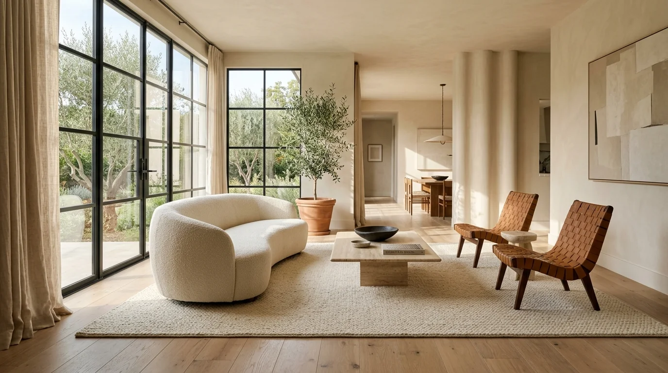 Bright living room with a curved bouclé sofa, low coffee table, woven chairs, and large black-framed windows.