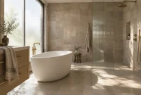 Modern bathroom featuring a freestanding oval soaking tub, fluted glass walk-in shower, and brass fixtures.