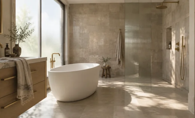 Modern bathroom featuring a freestanding oval soaking tub, fluted glass walk-in shower, and brass fixtures.