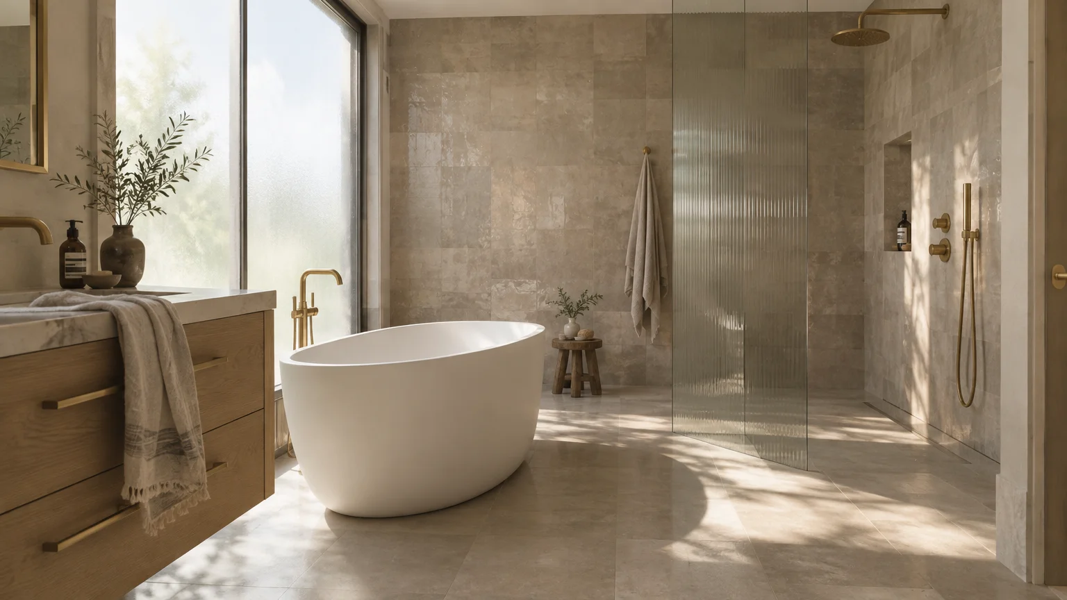 Modern bathroom featuring a freestanding oval soaking tub, fluted glass walk-in shower, and brass fixtures.