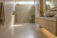 Modern beige plaster bathroom featuring a floating wood vanity, brass fixtures, and a walk-in shower with a skylight.