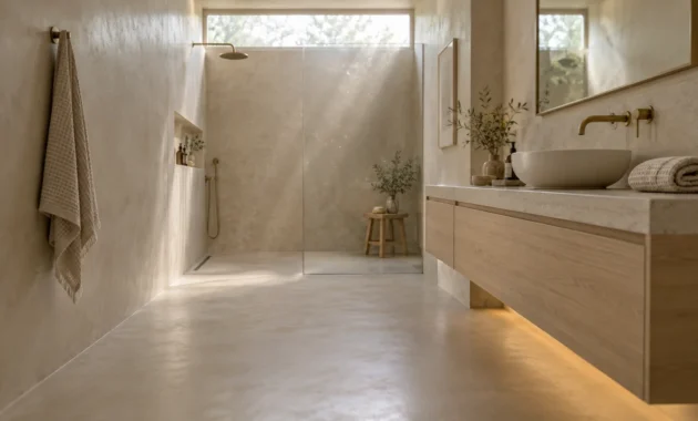 Modern beige plaster bathroom featuring a floating wood vanity, brass fixtures, and a walk-in shower with a skylight.