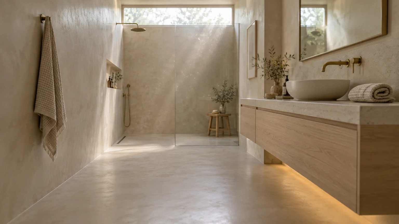 Modern beige plaster bathroom featuring a floating wood vanity, brass fixtures, and a walk-in shower with a skylight.