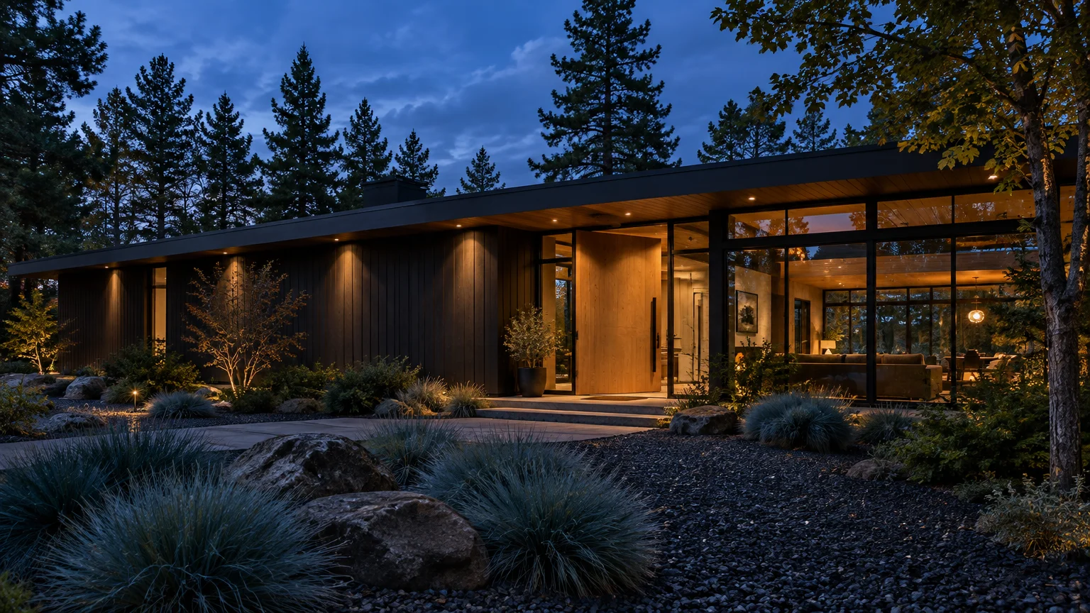 Modern dark-clad ranch home at dusk featuring warm interior lighting, large glass windows, and a landscaped rock yard.