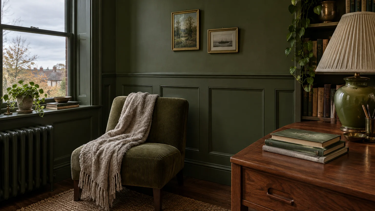Olive green paneled room with a green corduroy armchair, a throw blanket, a wooden desk, and a window.