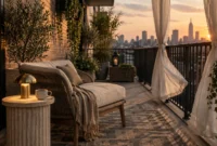 Cozy balcony lounge chair, stone side table, lamp, and sheer curtains framing a sunset city skyline view.