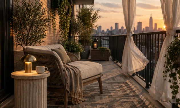 Cozy balcony lounge chair, stone side table, lamp, and sheer curtains framing a sunset city skyline view.