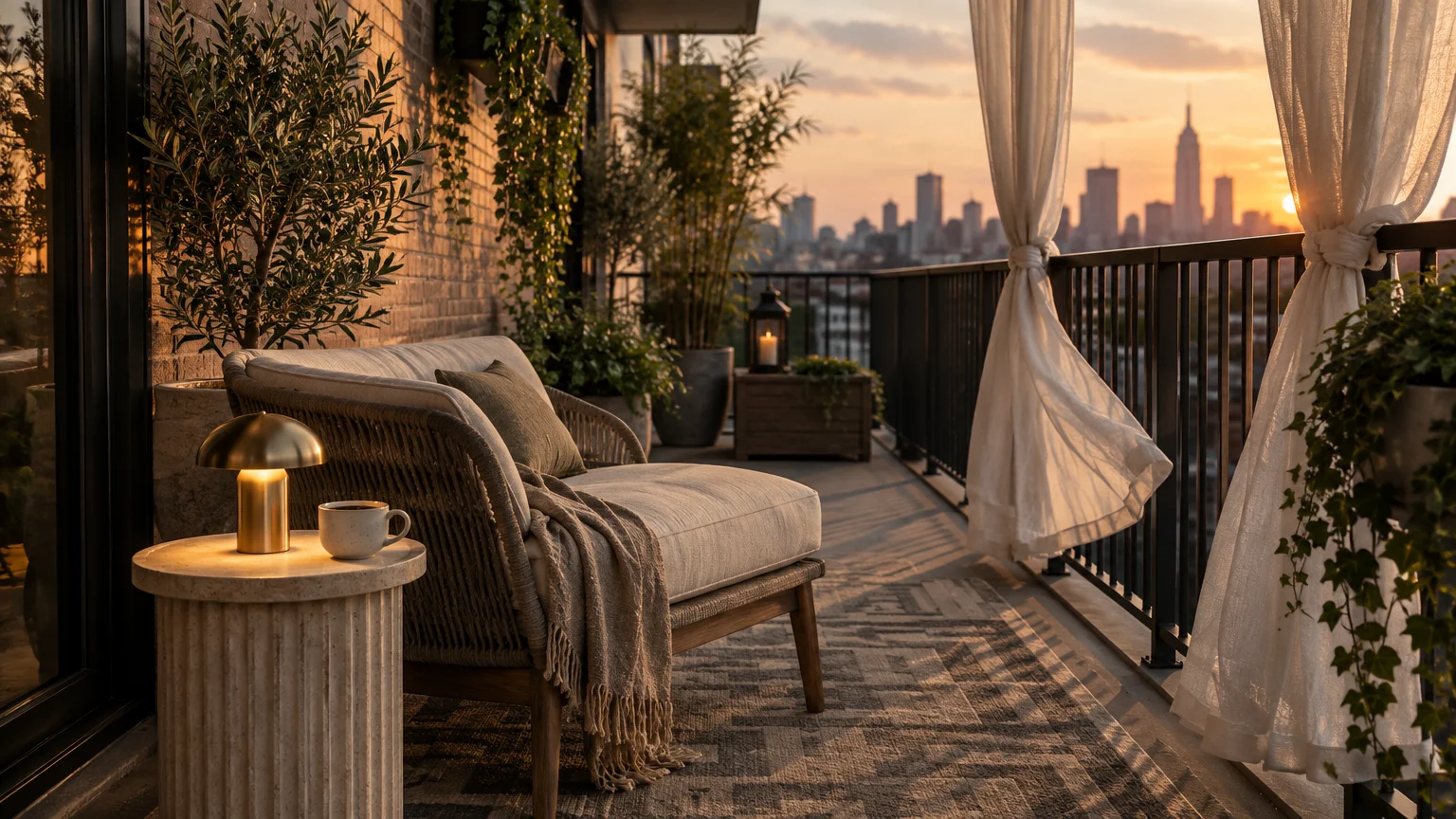 Cozy balcony lounge chair, stone side table, lamp, and sheer curtains framing a sunset city skyline view.