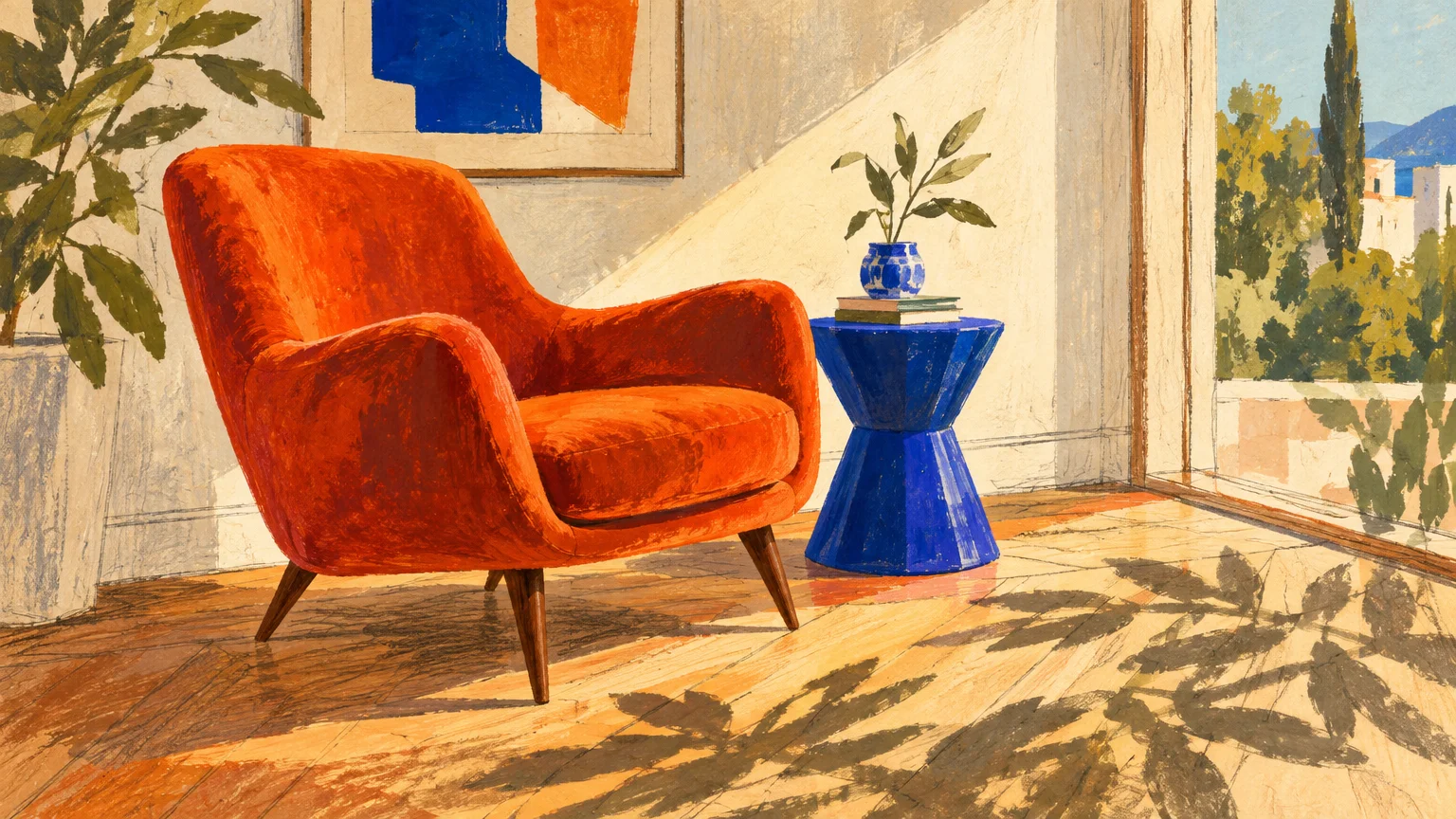Illustration of an orange upholstered armchair beside a blue geometric side table in a sunlit room with hardwood floors.
