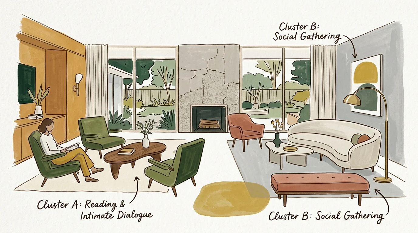 Illustration of a living room split into two furniture arrangements labeled Cluster A and Cluster B around a fireplace.