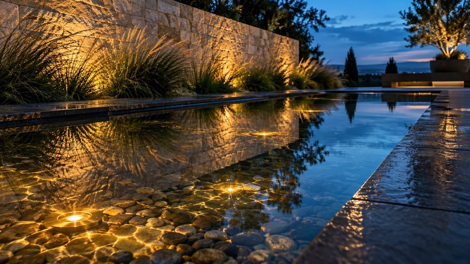Submerged round lights glow under water over river stones in a sleek reflecting pool beside an illuminated stone wall.