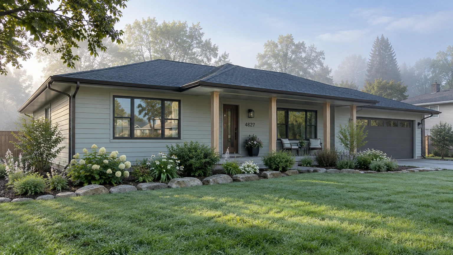 Single-story sage green ranch house with charcoal trim, wood porch columns, garden landscaping, and a green lawn.
