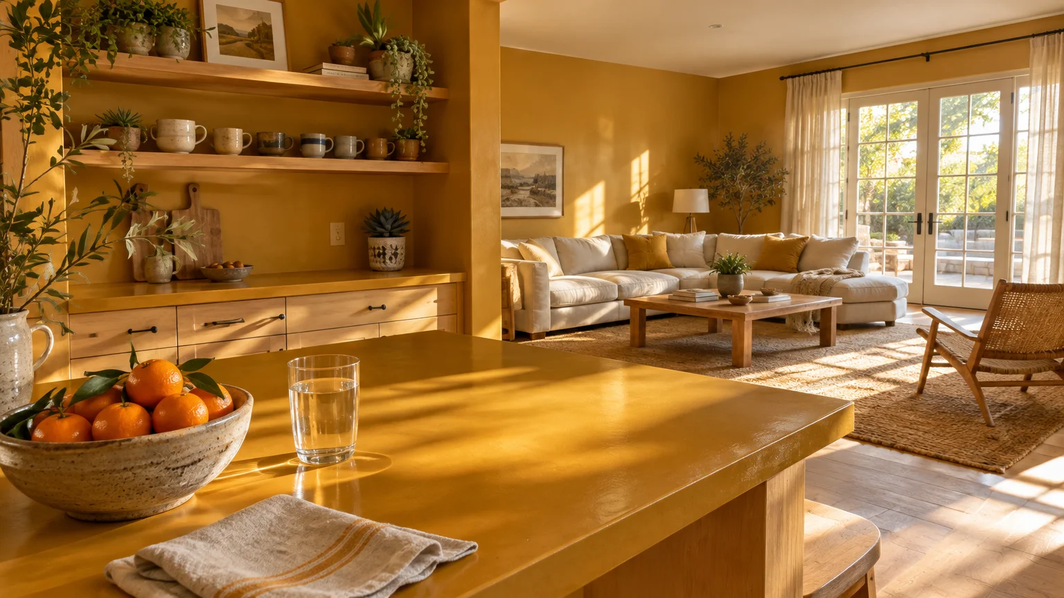 Ochre kitchen counter and open shelving look onto a sunlit living room with a sectional sofa and French doors.