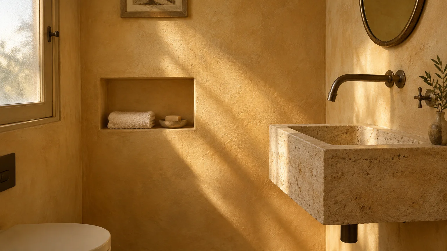 Textured ochre plaster bathroom with a stone basin, bronze wall faucet, recessed wall niche, and sunlight beams.