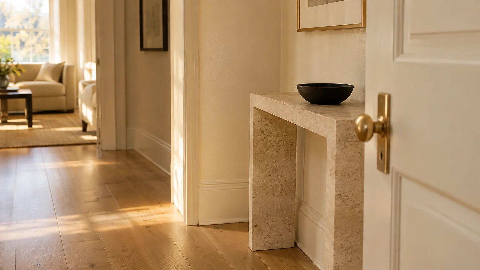 Sunlit hallway with warm white walls, light wood flooring, and a stone console table holding a dark bowl near an open door.