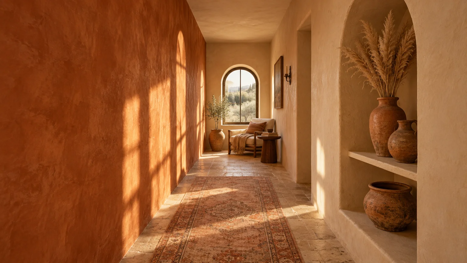 Sunlit hallway with a terracotta plaster accent wall, pale sand walls, stone tile floor, runner rug, and arched window.