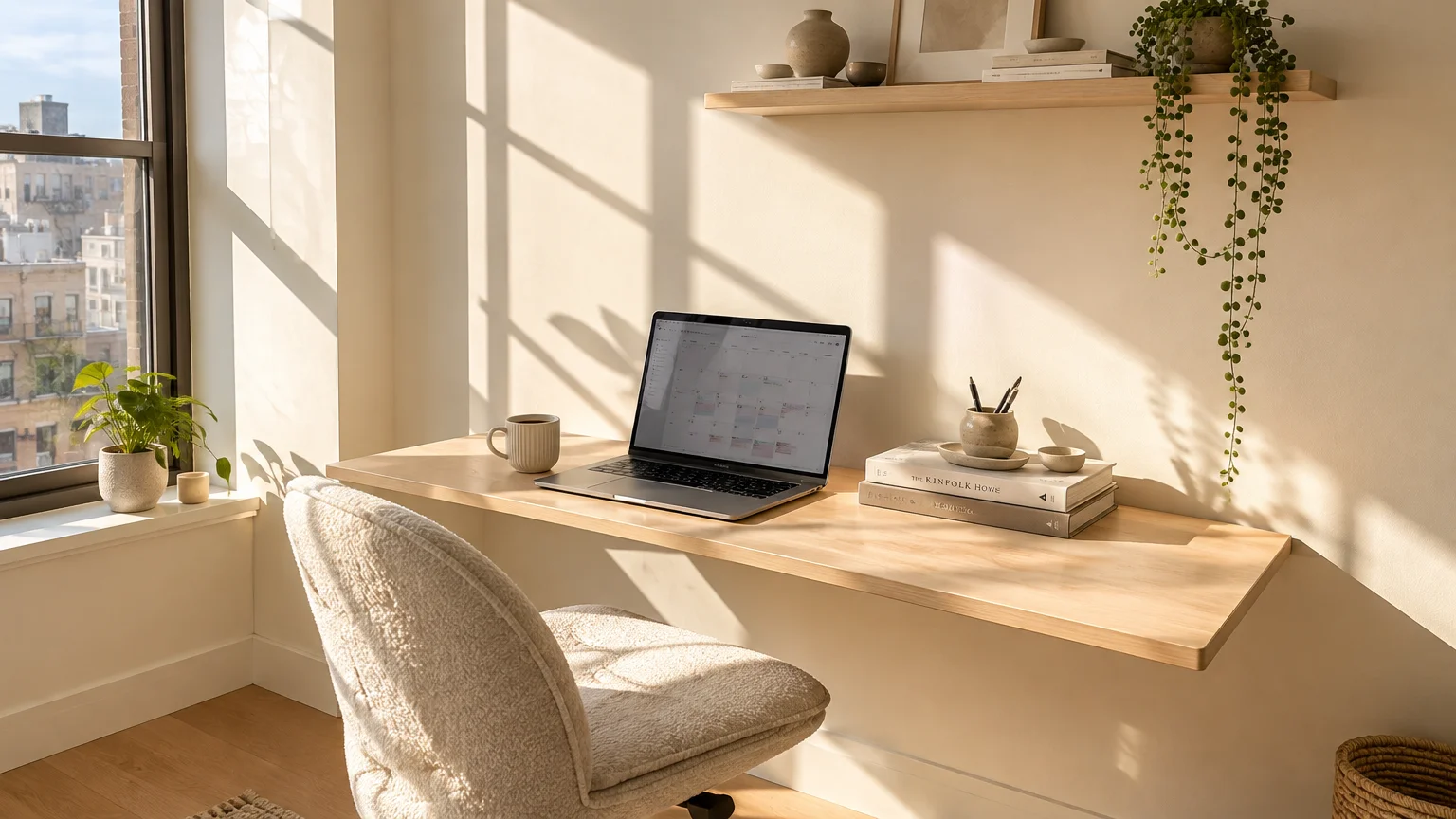 Sunlit home office with a floating wood desk, laptop, textured chair, warm off-white walls, and a window.