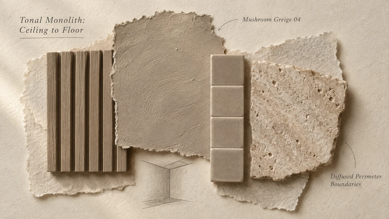 Mood board with fluted wood, textured paper swatch, ceramic tiles, and stone slab in greige and beige tones.
