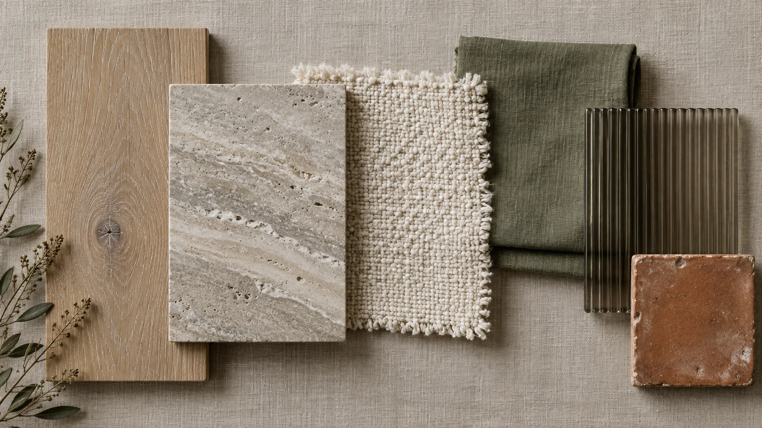 Flat lay mood board with light wood plank, travertine slab, woven fabric, green linen, ribbed glass, and terracotta tile.