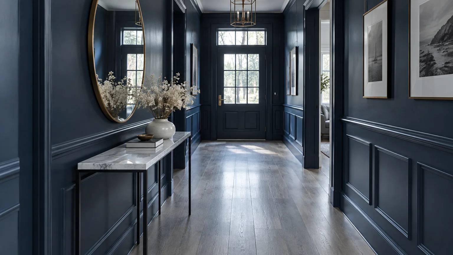 Long hallway with dark navy paneled walls, pale cool wood floors, a marble console table, and a round wall mirror.