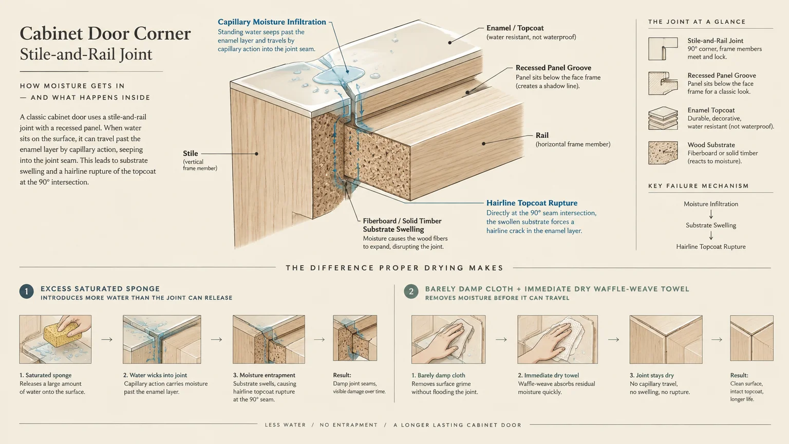 Diagram showing moisture seeping into a cabinet joint seam, comparing wet sponge damage against proper drying steps.