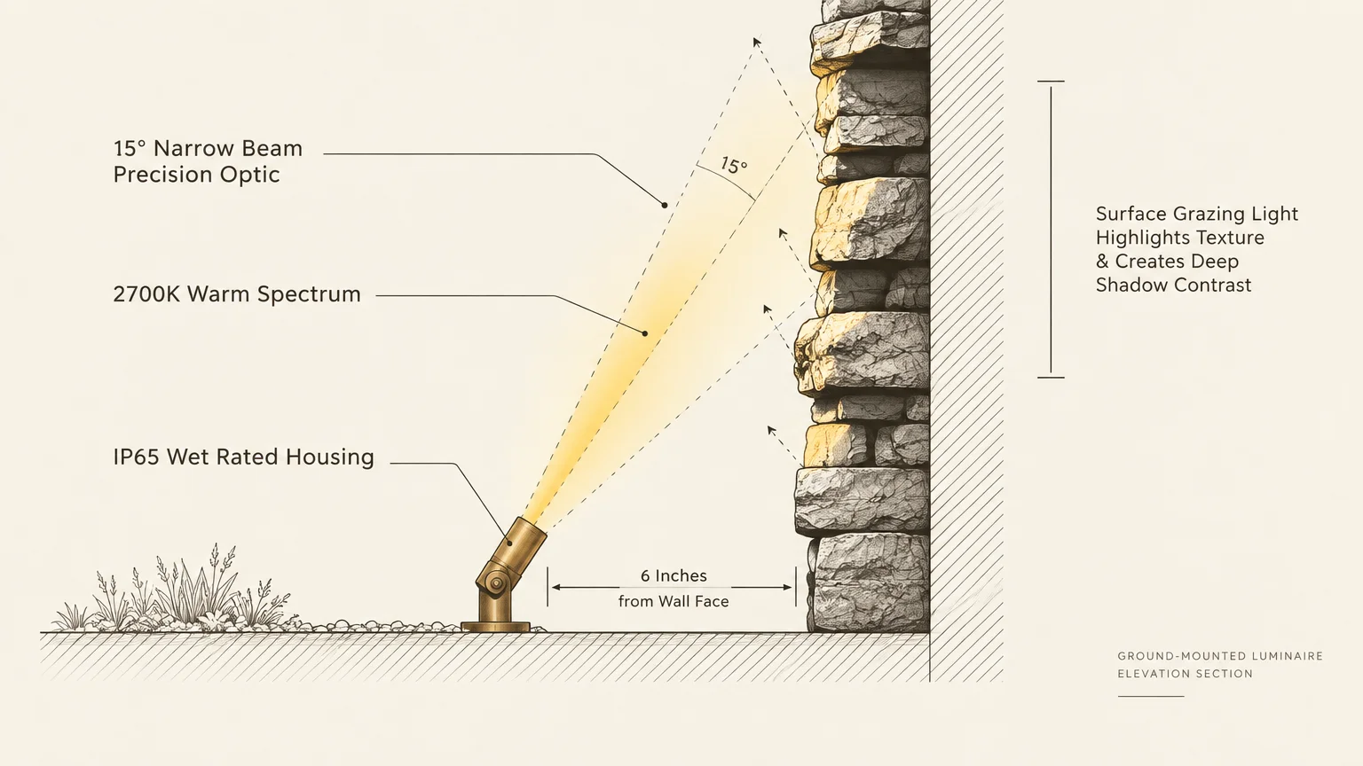 Diagram of a ground luminaire set six inches from a stacked stone wall, projecting a narrow fifteen-degree beam upward.