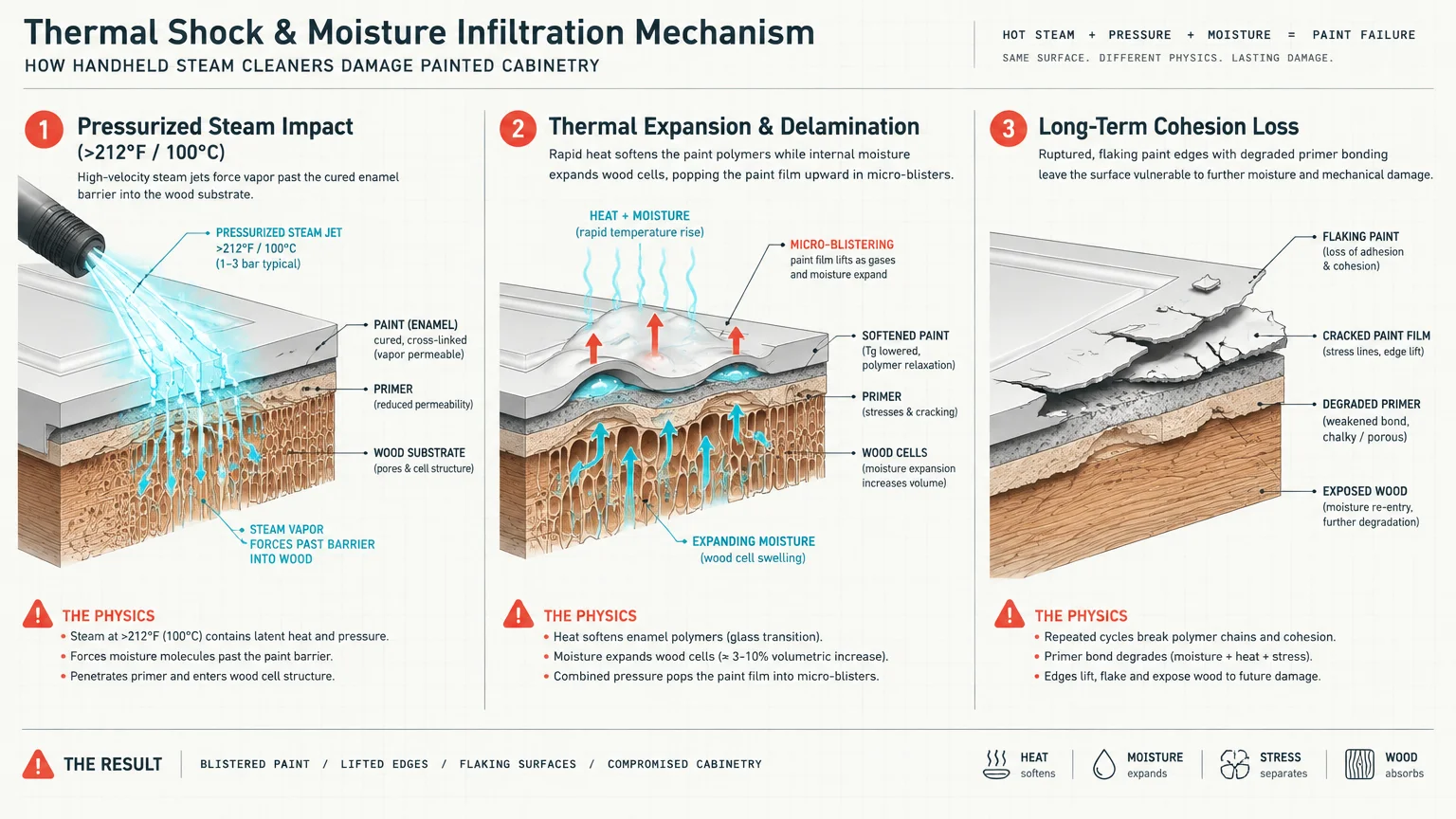 Diagram showing three stages of steam damage on painted wood: steam impact, blistering delamination, and surface flaking.