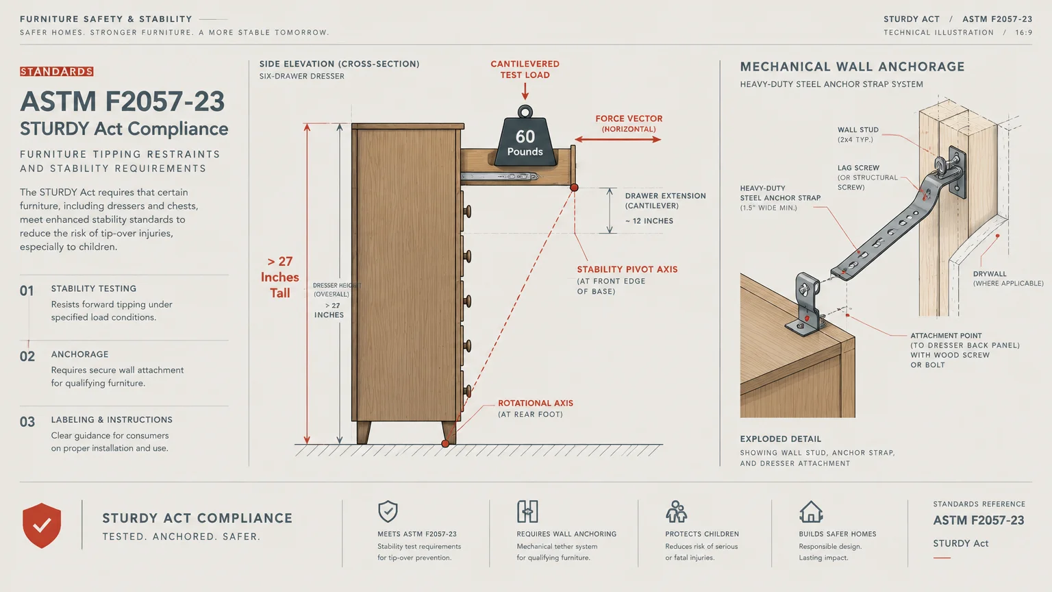 Technical diagram showing ASTM F2057-23 stability test with a 60-pound weight on a dresser drawer and wall anchor hardware.