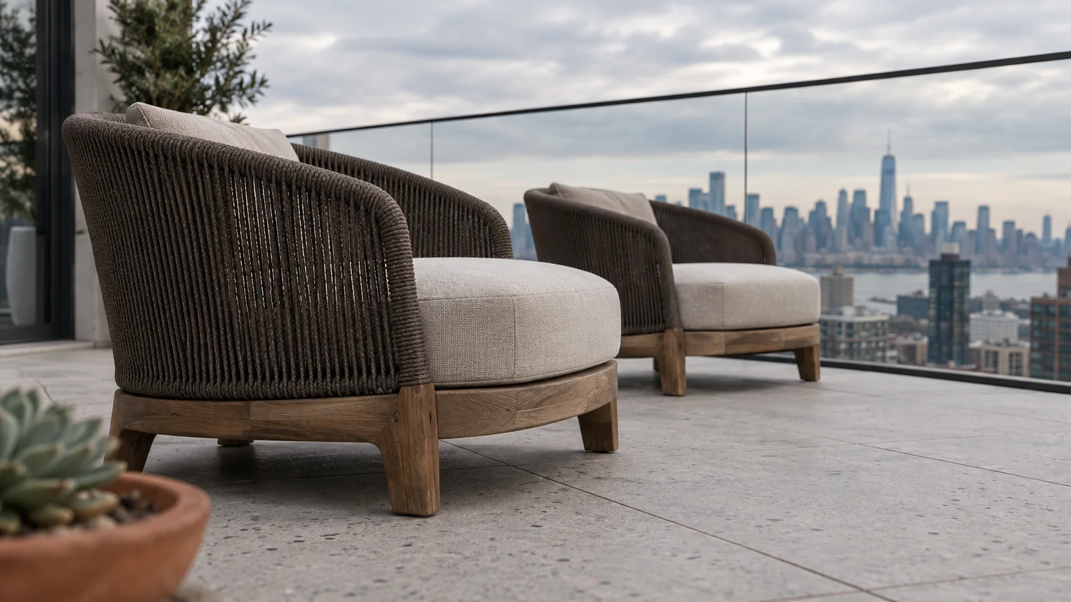 Two low-profile woven outdoor armchairs on a modern high-rise balcony overlooking a city skyline.