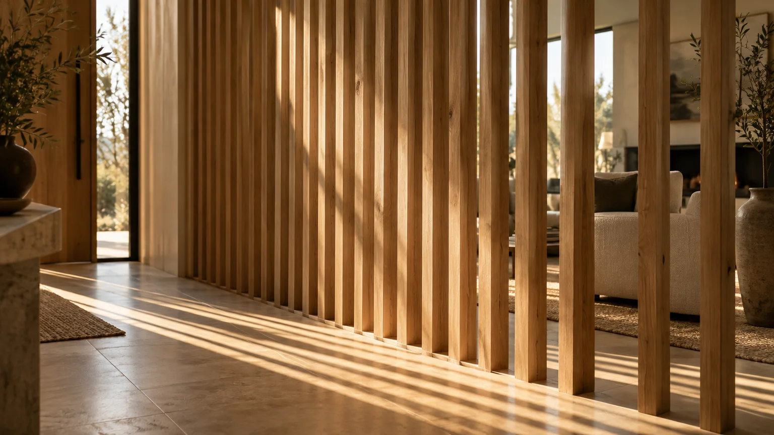 Vertical wooden slat screen separating a bright entryway from a living room, casting linear shadows on tile flooring.