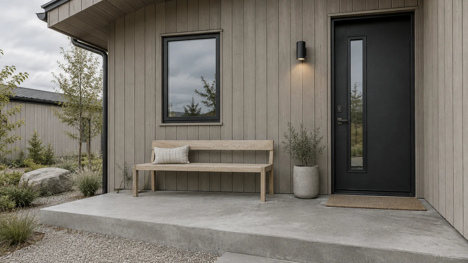 Modern home entrance with vertical taupe wood siding, concrete porch, black front door, wooden bench, and potted plant.