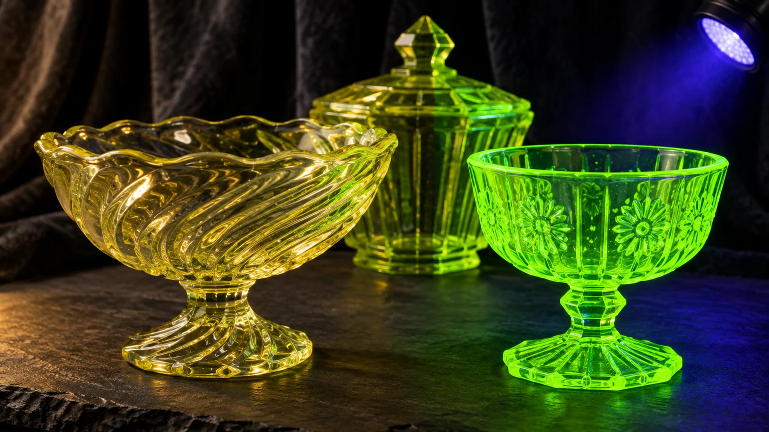 Three yellow-green glass vessels, with an ultraviolet light beam causing the dish on the right to glow bright neon green.