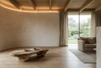 Minimalist living room with a curved plastered wall, low organic coffee table, wood beamed ceiling, and garden views.