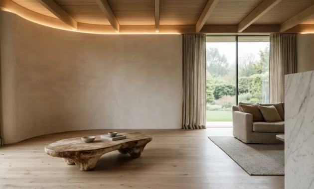 Minimalist living room with a curved plastered wall, low organic coffee table, wood beamed ceiling, and garden views.