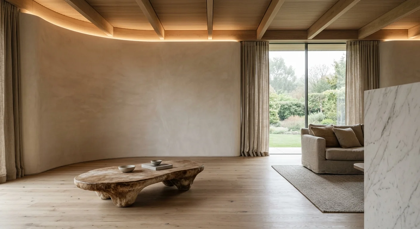 Minimalist living room with a curved plastered wall, low organic coffee table, wood beamed ceiling, and garden views.