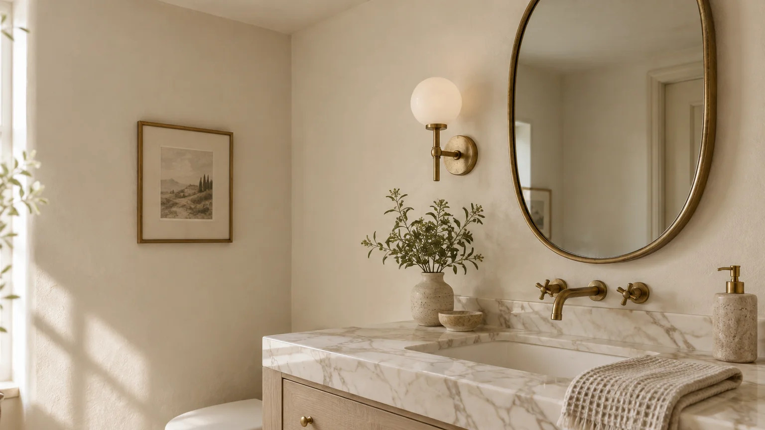 Warm cream bathroom vanity with marble counter, brass fixtures, round mirror, globe sconce, and framed landscape artwork.