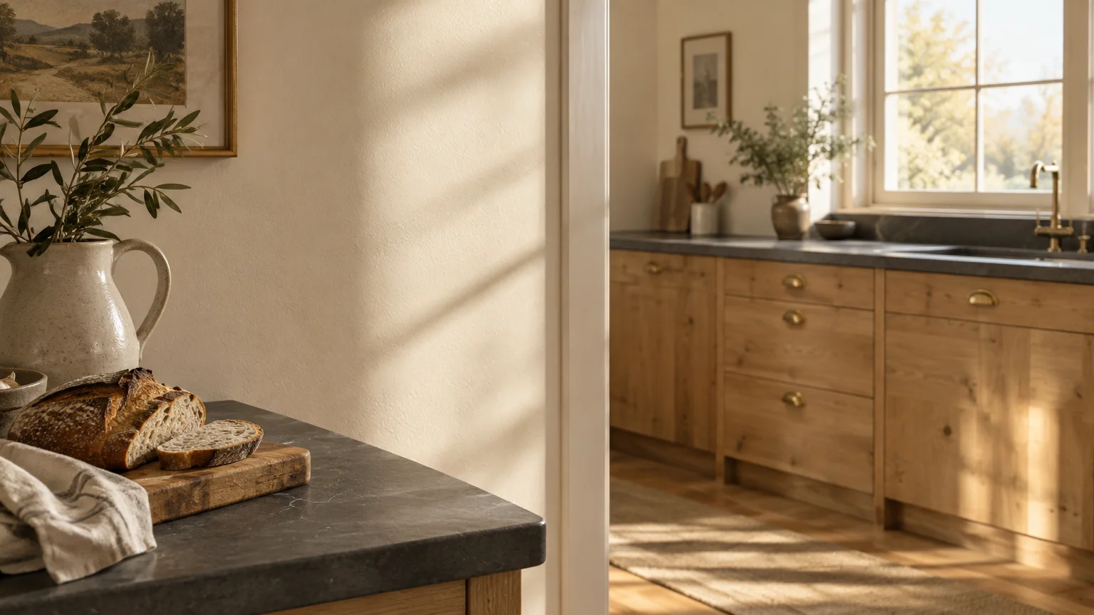 Sunlight illuminates warm beige walls, wooden kitchen cabinets, dark countertops, and sliced bread on a cutting board.