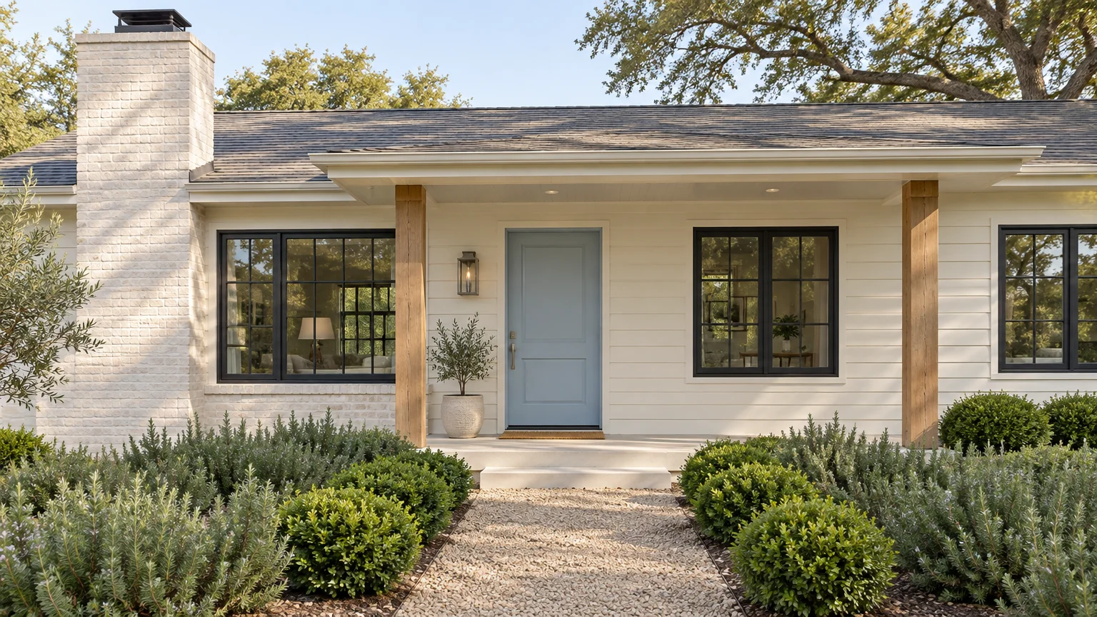 Ranch home with off-white siding, light blue front door, brick chimney, wood porch columns, and manicured shrub walkway.